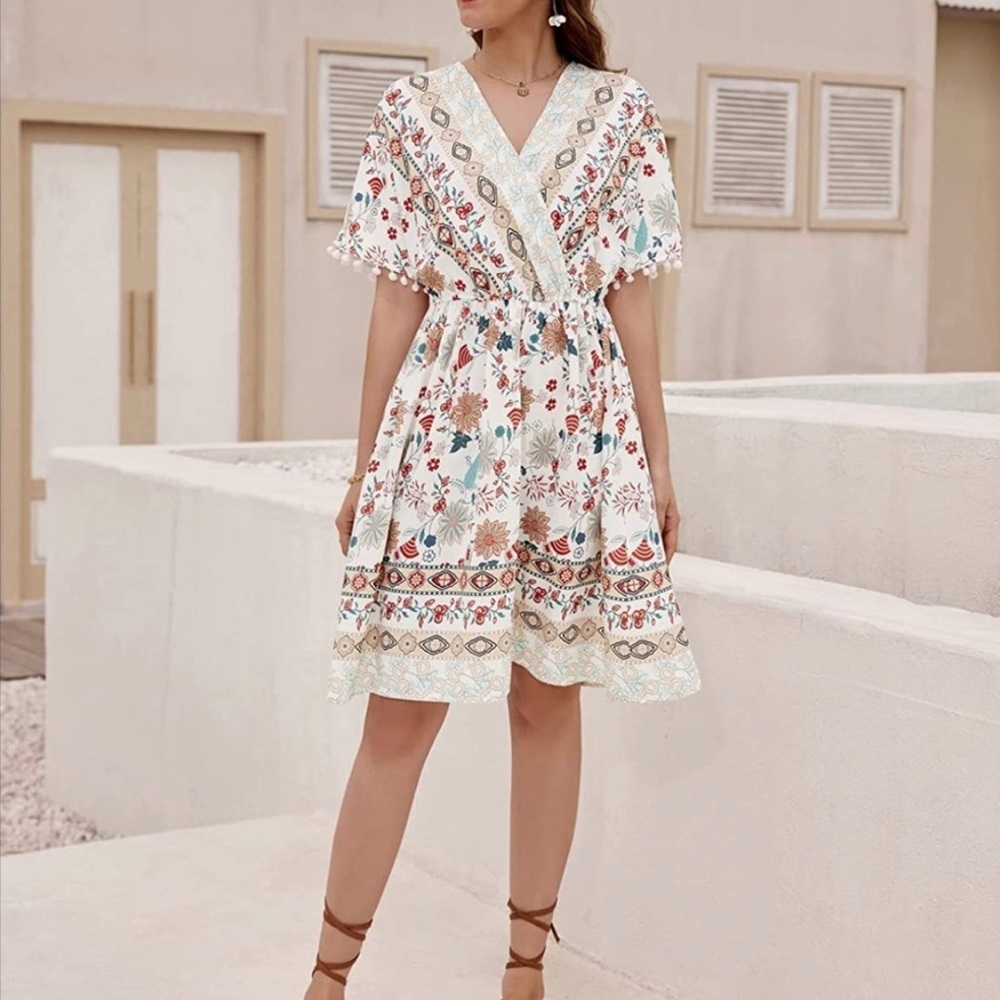 GRACE KARIN Boho Floral Dress Casual Short Sleeve V Neck Dress NWT